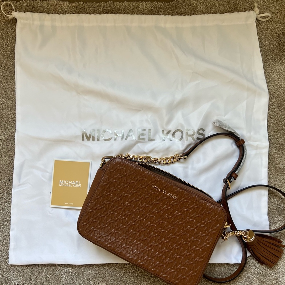 Michael Kors Ginny Medium Logo Debossed Pebbled Leather Crossbody Bag